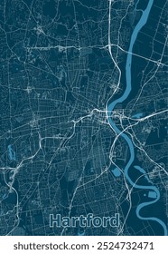 Detailed map of Hartford, Connecticut, rendered in a minimalist style. The map features a dark teal background with white lines representing roads and streets