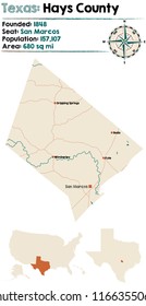 Detailed Map Of Hays County In Texas, USA.