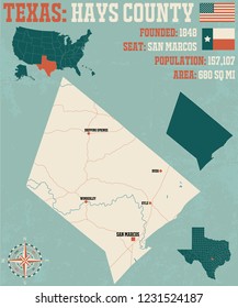 Detailed map of Hays County in Texas, USA