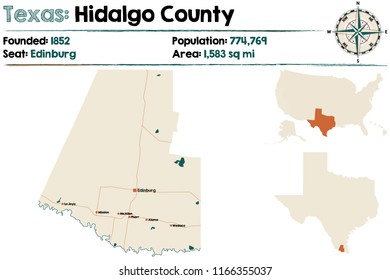 Detailed map of Hidalgo county in Texas, USA.