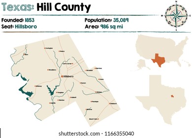 Detailed map of Hill county in Texas, USA.