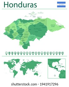 Detailed map of Honduras with country flag and location on world map. Vector illustration
