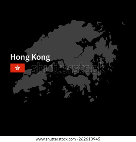Detailed map of Hong Kong with flag on black background