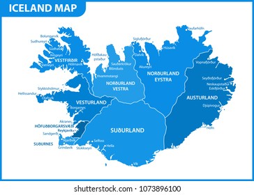 The detailed map of Iceland with regions or states and cities, capital. Administrative division