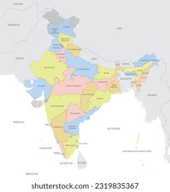 Detailed map of India with administrative divisions and borders of neighboring countries, vector illustration on white background