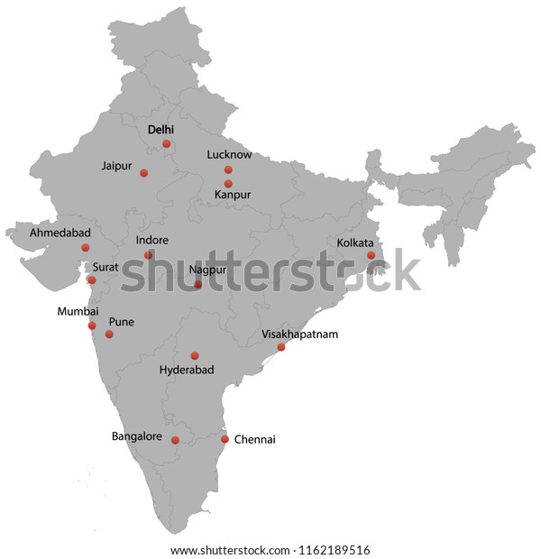 Detailed Map India Cities Stock Vector (Royalty Free) 1162189516