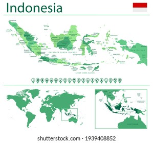 Detailed map of Indonesia with country flag and location on world map. Vector illustration