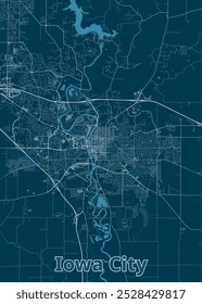 A detailed map of Iowa City, Iowa, rendered in a minimalist style. The map features a dark blue background with white lines representing roads and waterways.