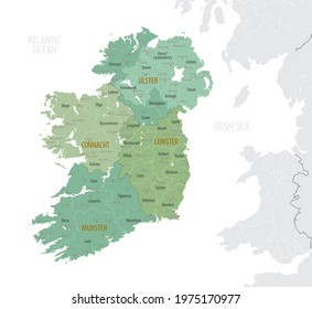 Detailed map of Ireland with administrative divisions into provinces and counties, major cities of the country, vector illustration onwhite background