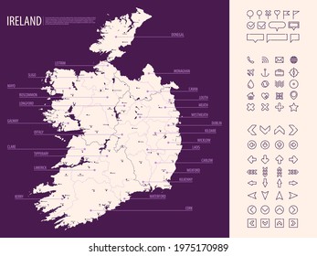 Detailed map of Ireland with administrative divisions on dark background, country big cities and icons set, vector illustration