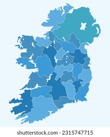 Detailed map of Ireland with administrative divisions into provinces and counties, major cities of the country, vector illustration.