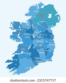 Detailed map of Ireland with administrative divisions into provinces and counties, major cities of the country, vector illustration.