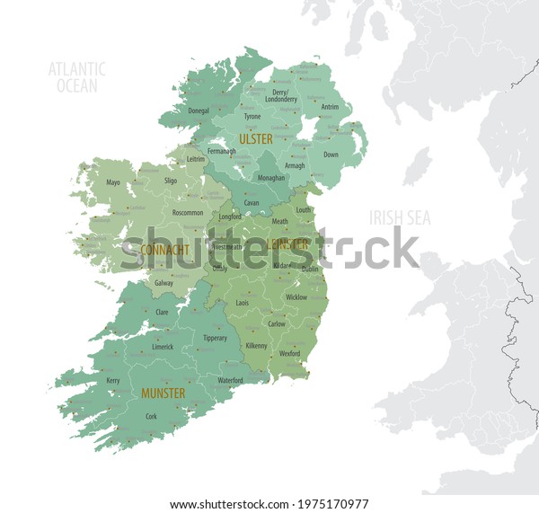Detailed map of Ireland with administrative\
divisions into provinces and counties, major cities of the country,\
vector illustration onwhite\
background