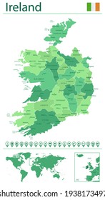 Detaillierte Karte von Irland mit Länderflagge und Lage auf der Weltkarte. Vektorgrafik