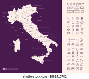 Detailed map of Italy with administrative division on dark background, country big cities and icons set, vector illustration