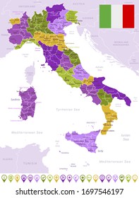 Detailed map of Italy with flag, border of regions and country. Purple, yellow, green. Vector illustration
