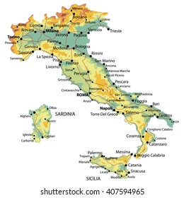 Detailed map of Italy with relief, cities and roads