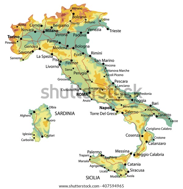 Detailed Map Italy Relief Cities Roads Stock Vector Royalty Free
