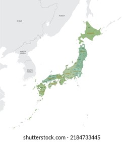 Detailed map of Japan with administrative divisions into regions and prefectures, major cities of the country, vector illustration onwhite background