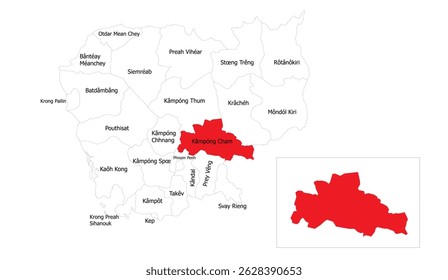 Carte détaillée de la province de Kampong Cham, Cambodge, mettant en évidence les frontières régionales et les noms de villes dans un style cartographique clair, rouge et blanc
