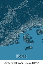 A detailed map of Kobe, Japan, rendered in a minimalist style. The map features a deep blue background with white lines representing roads and waterways.