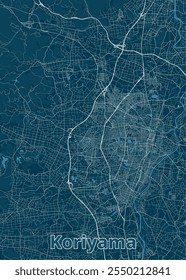 Um mapa detalhado de Koriyama, Japão, renderizado em um estilo minimalista. O mapa apresenta um fundo azul escuro com linhas brancas representando ruas, estradas e vias navegáveis.