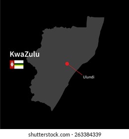Detailed map of KwaZulu and capital city Ulundi with flag on black background