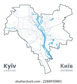 Detailed map of Kyiv - the capital of Ukraine - Urban borders map. Light stroke version of Kyiv City poster with streets and Dnieper River.