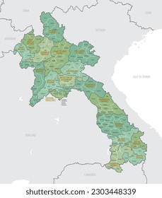 Detailed map of Laos with administrative divisions into Provinces and Districts, major cities of the country, vector illustration onwhite background