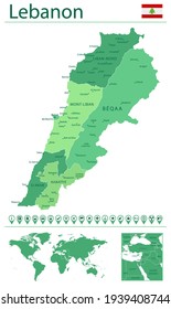 Detailed map of Lebanon with country flag and location on world map. Vector illustration