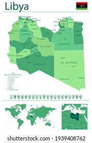 Detailed map of Libya with country flag and location on world map. Vector illustration