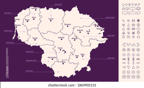 Detailed map of Lithuania with administrative divisions on a dark background, country big cities and icons set, vector illustration