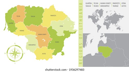 Detailed map of Lithuania with administrative divisions of the country, color vector illustration