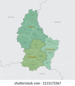 Detailed map of luxembourg with administrative divisions into district and Cantons, major cities of the country, vector illustration onwhite background