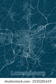 Um mapa detalhado da cidade de Luxemburgo, renderizado em um estilo minimalista. As ruas e estradas da cidade são representadas em linhas brancas contra um fundo azul profundo.