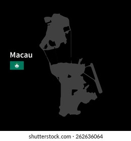 Detailed map of Macau with flag on black background