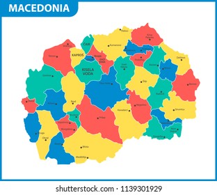 The detailed map of Macedonia with regions or states and cities, capital. Administrative division.