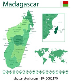 Detailed map of Madagascar with country flag and location on world map. Vector illustration