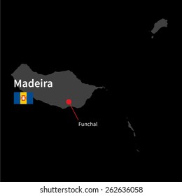 Detailed map of Madeira and capital city Funchal with flag on black background