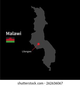 Detailed map of Malawi and capital city Lilongwe with flag on black background