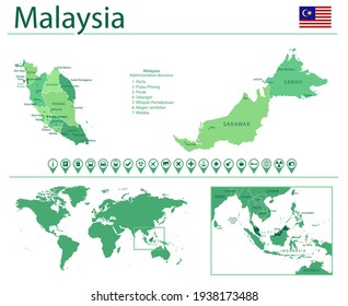 Detailed map of Malaysia with country flag and location on world map. Vector illustration