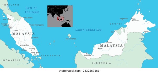 A detailed map of Malaysia, highlighting its states, major cities, and neighboring countries