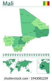Detailed map of Mali with country flag and location on world map. Vector illustration