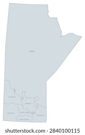 Detailed map of Manitoba, Canada, showcasing administrative divisions like North, South, Central, Parklands, Interlake, and Winnipeg. Ideal for geographic studies or regional planning.