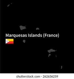 Detailed map of Marquesas Islands with flag on black background