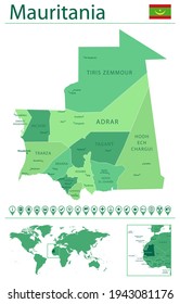 Detailed map of Mauritania with country flag and location on world map. Vector illustration