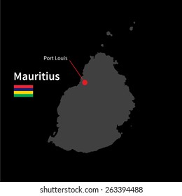 Detailed map of Mauritius and capital city Port Louis with flag on black background