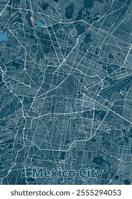A detailed map of Mexico City, rendered in a minimalist style. The map features a dark blue background with a network of white lines representing streets and roads.