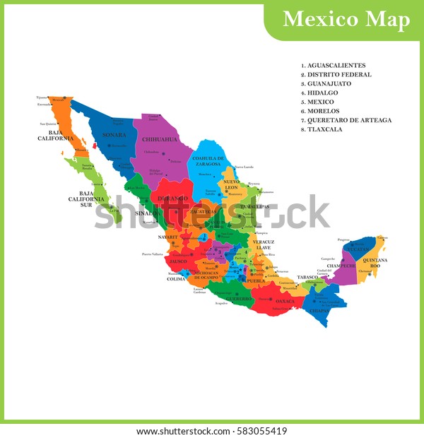 Detailed Map Mexico Regions States Cities Stock Vector Royalty