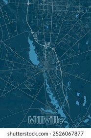 A detailed map of Millville, featuring a deep blue background with white lines representing roads and waterways. The map highlights the city's layout, including its streets, major roads